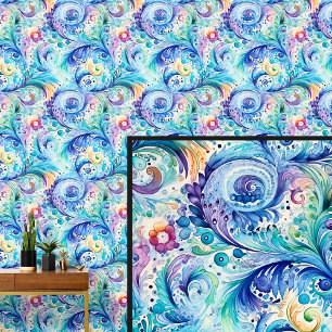Abstract Blue Green Aqua Floral Paisley Wallpaper