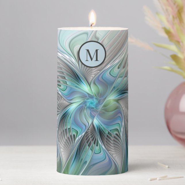 Abstract Blue Green Butterfly Fantasy Art Monogram Pillar Candle (In Situ)