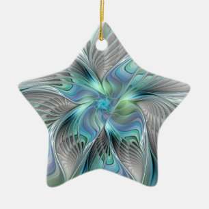Abstract Blue Green Butterfly Fantasy Fractal Art Ceramic Ornament