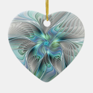 Abstract Blue Green Butterfly Fantasy Fractal Art Ceramic Ornament