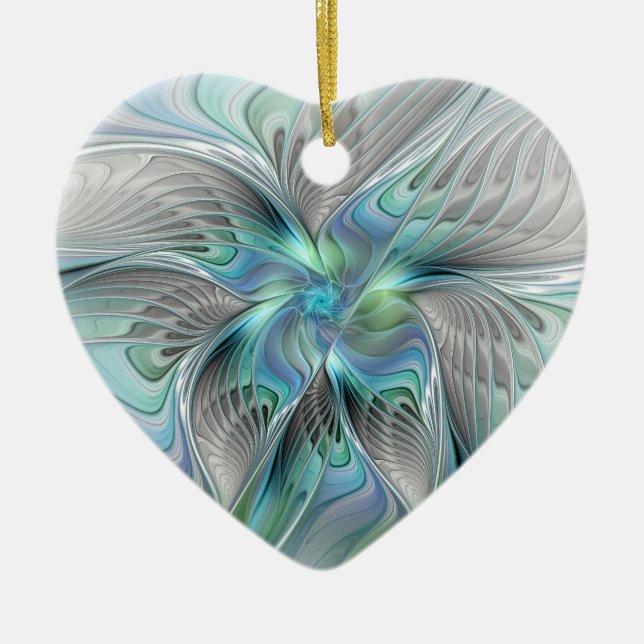 Abstract Blue Green Butterfly Fantasy Fractal Art Ceramic Ornament (Front)