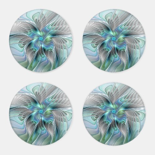 Abstract Blue Green Butterfly Fantasy Fractal Art Coaster Set