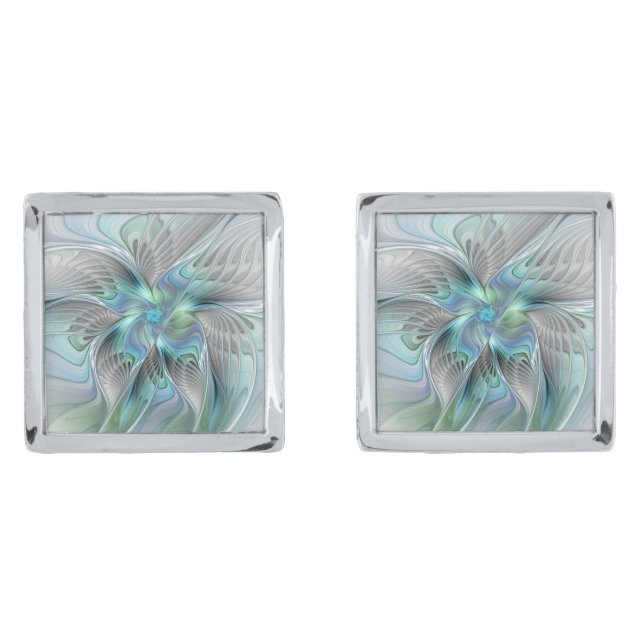 Abstract Blue Green Butterfly Fantasy Fractal Art Cufflinks (Front)