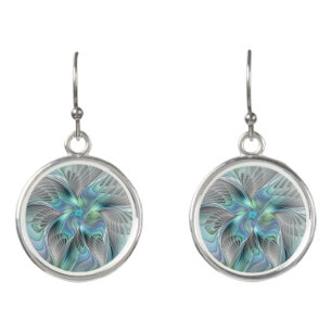 Abstract Blue Green Butterfly Fantasy Fractal Art Earrings