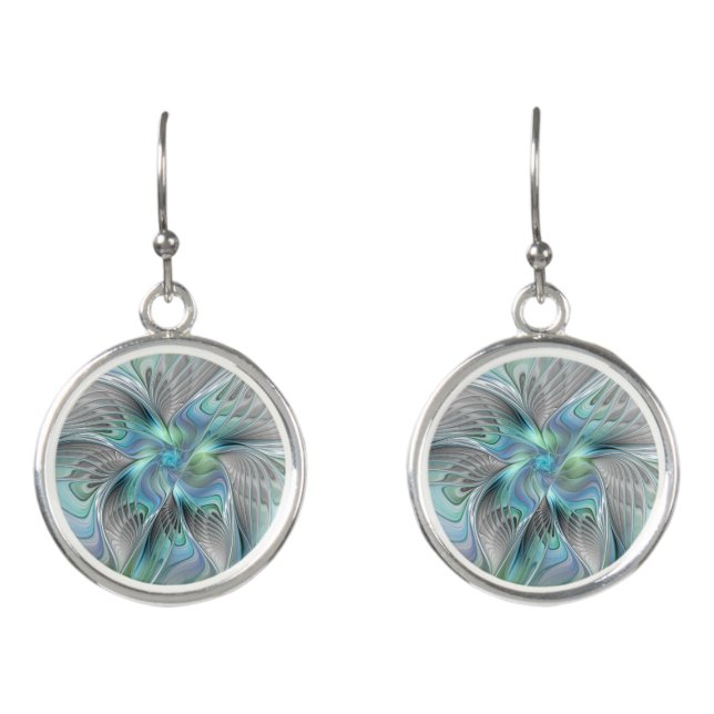Abstract Blue Green Butterfly Fantasy Fractal Art Earrings (Front)
