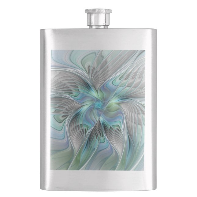 Abstract Blue Green Butterfly Fantasy Fractal Art Flask (Front)