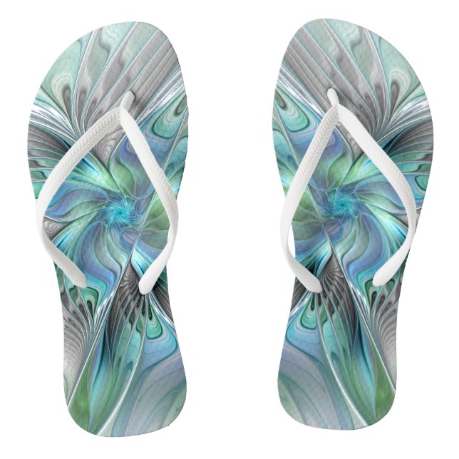 Abstract Blue Green Butterfly Fantasy Fractal Art Flip Flops (Footbed)