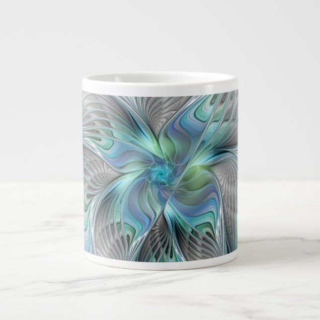 Abstract Blue Green Butterfly Fantasy Fractal Art Giant Coffee Mug (Front)