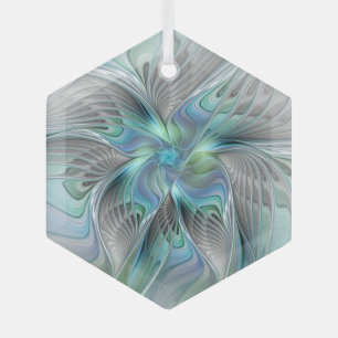 Abstract Blue Green Butterfly Fantasy Fractal Art Glass Ornament
