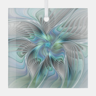 Abstract Blue Green Butterfly Fantasy Fractal Art Glass Ornament