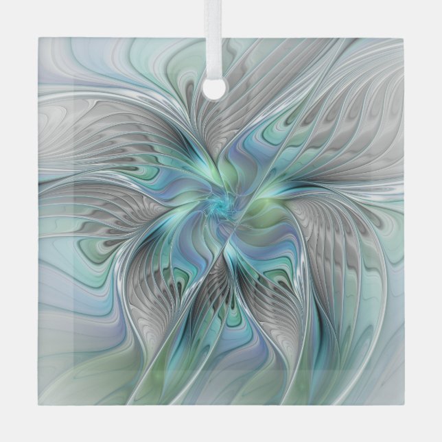 Abstract Blue Green Butterfly Fantasy Fractal Art Glass Ornament (Front)