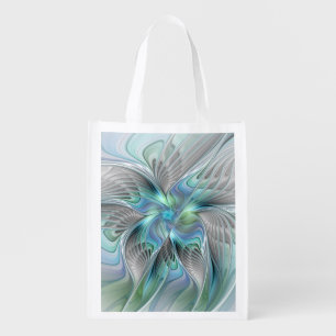 Abstract Blue Green Butterfly Fantasy Fractal Art Grocery Bag