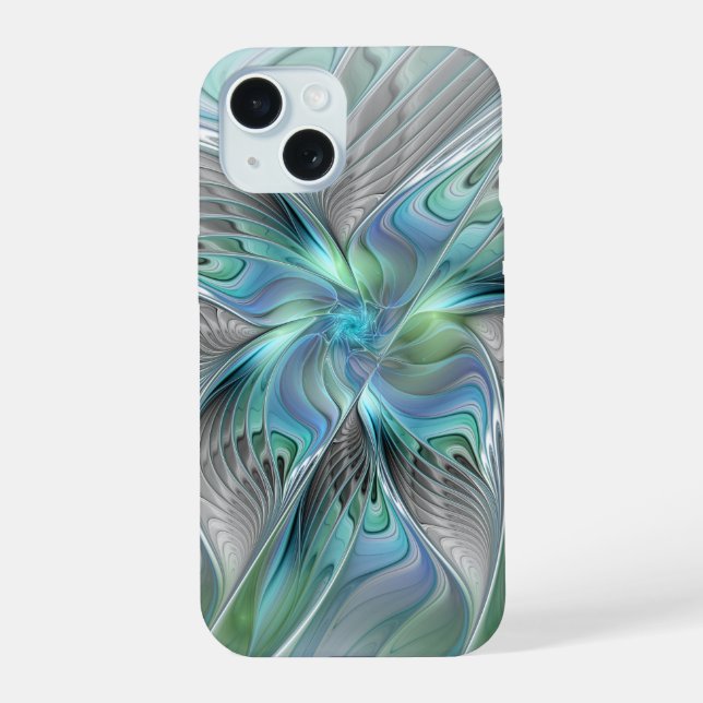 Abstract Blue Green Butterfly Fantasy Fractal Art iPhone 15 Case (Back)