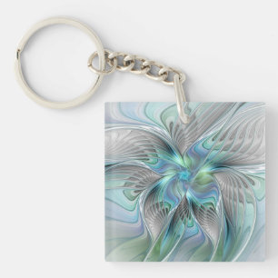 Abstract Blue Green Butterfly Fantasy Fractal Art Keychain