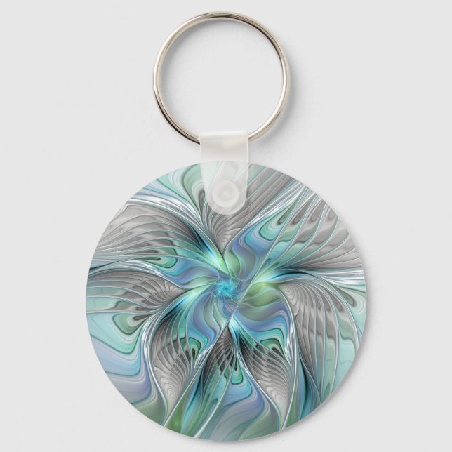 Abstract Blue Green Butterfly Fantasy Fractal Art Keychain (Front)