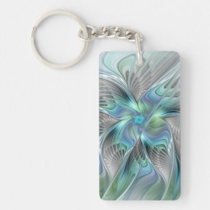 Abstract Blue Green Butterfly Fantasy Fractal Art Keychain