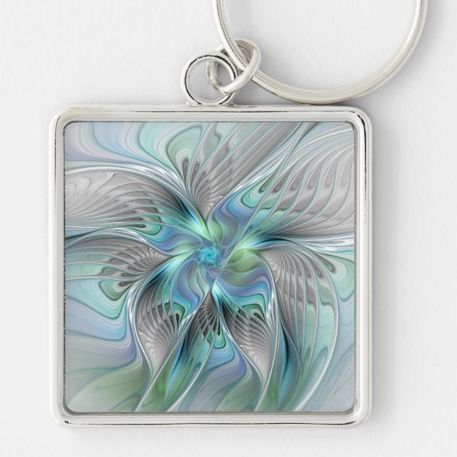 Abstract Blue Green Butterfly Fantasy Fractal Art Keychain (Front)