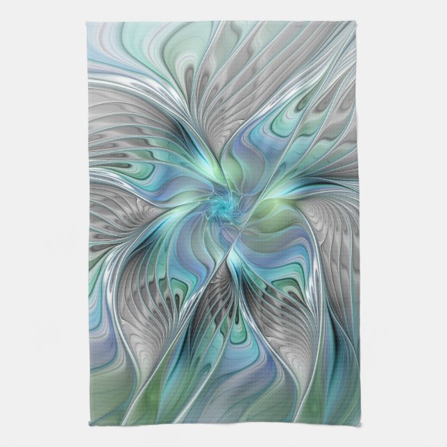 Abstract Blue Green Butterfly Fantasy Fractal Art Kitchen Towel (Vertical)