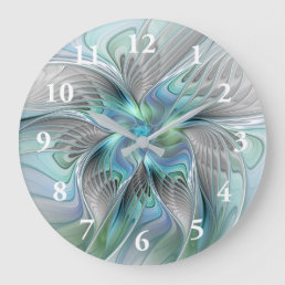 Abstract Blue Green Butterfly Fantasy Fractal Art Large Clock