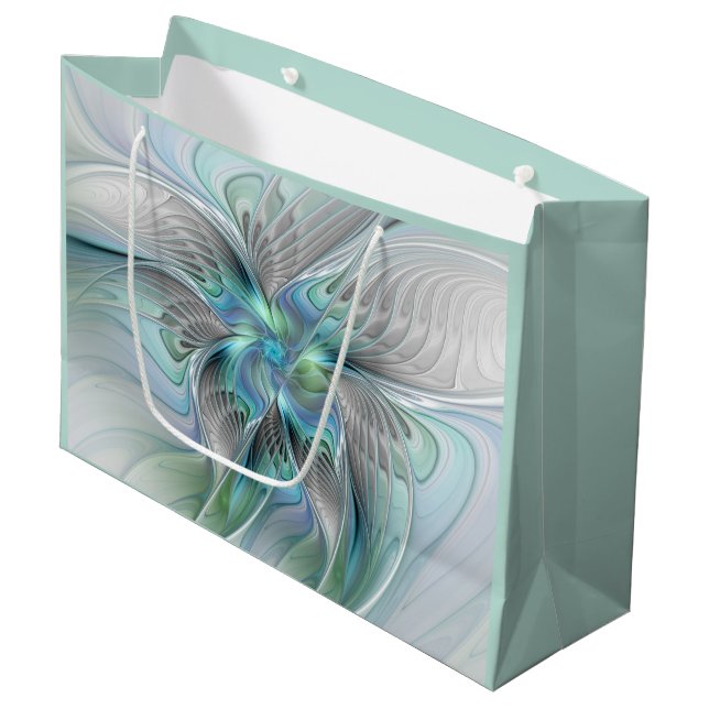Abstract Blue Green Butterfly Fantasy Fractal Art Large Gift Bag (Front Angled)