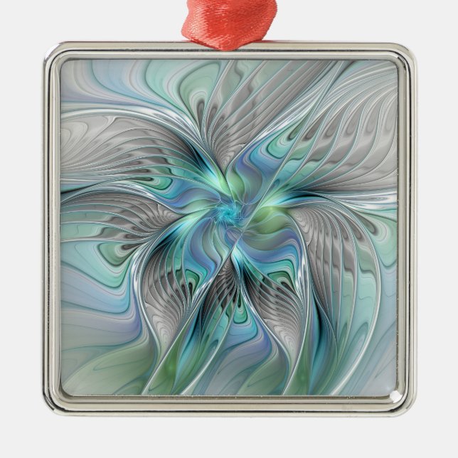 Abstract Blue Green Butterfly Fantasy Fractal Art Metal Ornament (Front)
