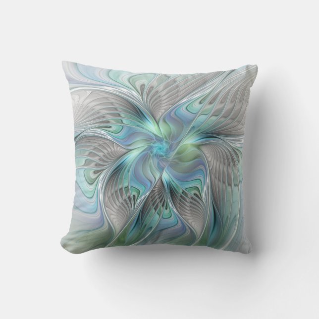 Abstract Blue Green Butterfly Fantasy Fractal Art Outdoor Pillow (Front)