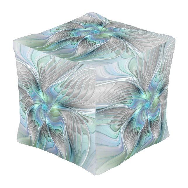 Abstract Blue Green Butterfly Fantasy Fractal Art Outdoor Pouf (Angled Front)