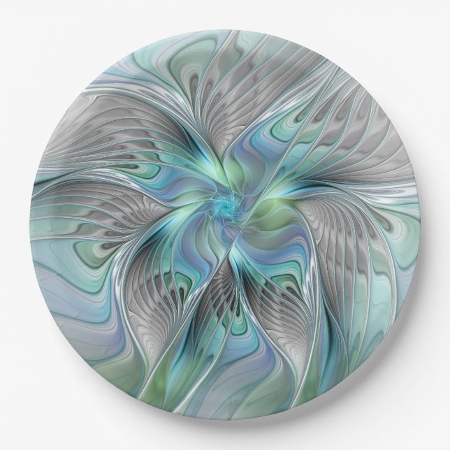Abstract Blue Green Butterfly Fantasy Fractal Art Paper Plates (Front)