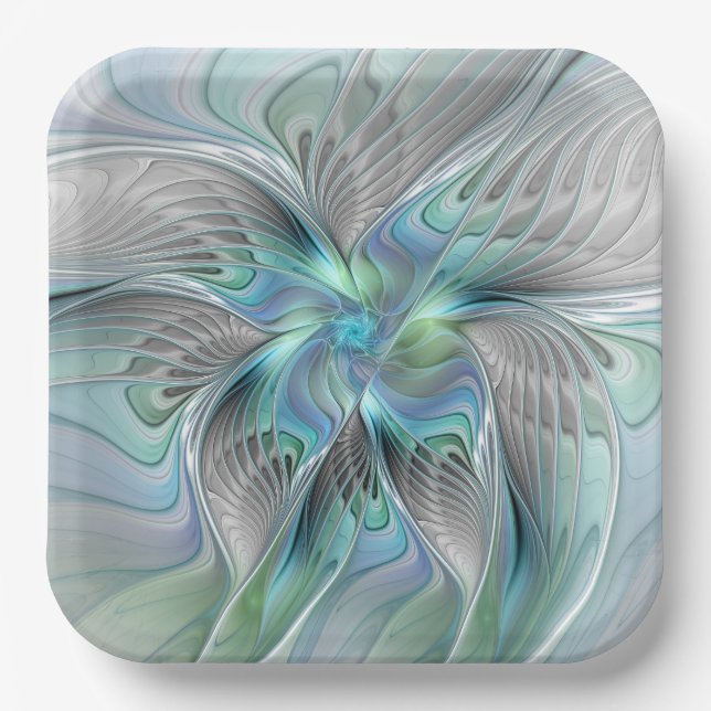 Abstract Blue Green Butterfly Fantasy Fractal Art Paper Plates (Front)