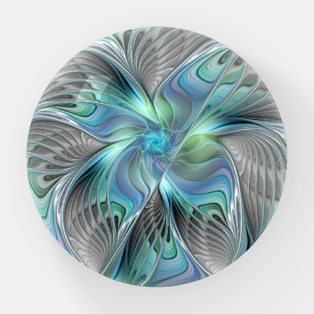 Abstract Blue Green Butterfly Fantasy Fractal Art Paperweight (Front)