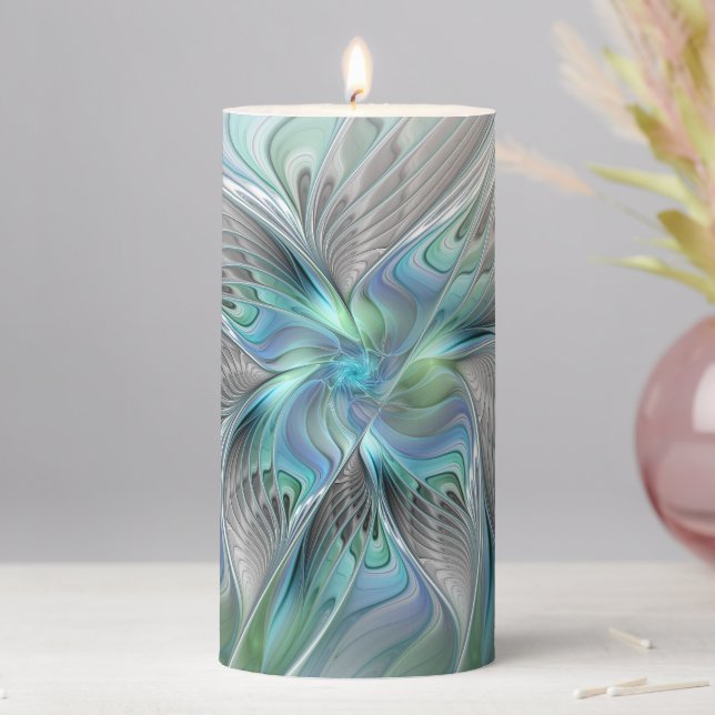 Abstract Blue Green Butterfly Fantasy Fractal Art Pillar Candle (In Situ)