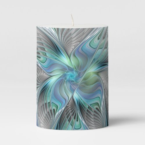 Abstract Blue Green Butterfly Fantasy Fractal Art Pillar Candle