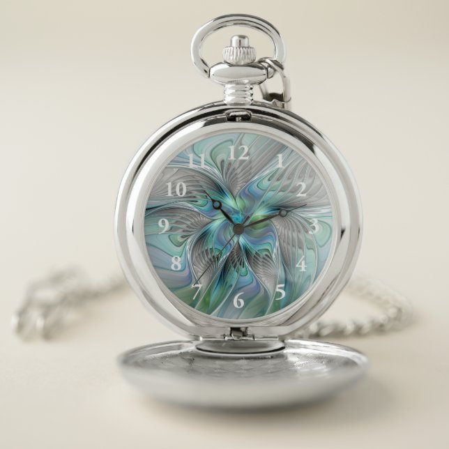 Abstract Blue Green Butterfly Fantasy Fractal Art Pocket Watch (Inside)