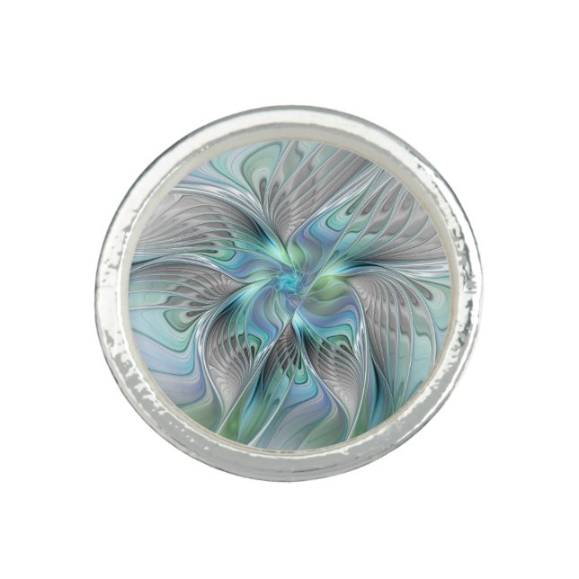 Abstract Blue Green Butterfly Fantasy Fractal Art Ring (Front)