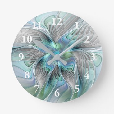 Abstract Blue Green Butterfly Fantasy Fractal Art Round Clock