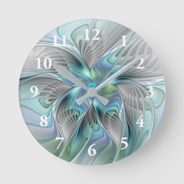 Abstract Blue Green Butterfly Fantasy Fractal Art Round Clock (Front)
