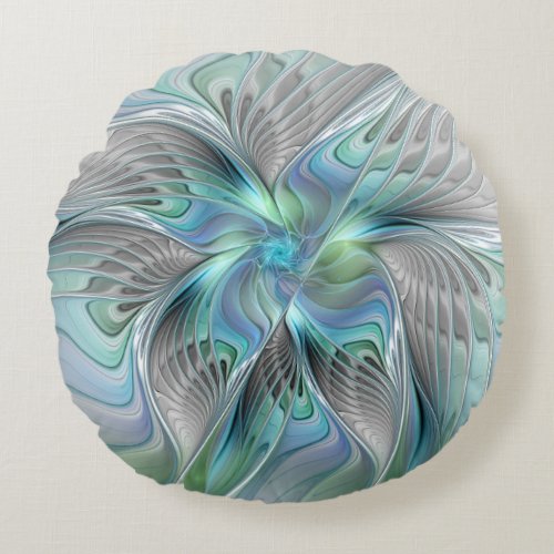 Abstract Blue Green Butterfly Fantasy Fractal Art Round Pillow
