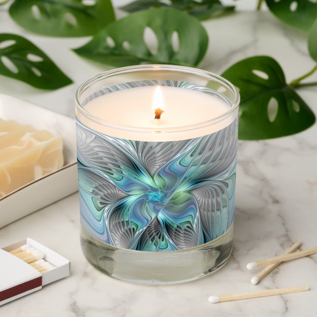 Abstract Blue Green Butterfly Fantasy Fractal Art Scented Candle (Lit)