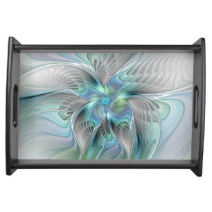 Abstract Blue Green Butterfly Fantasy Fractal Art Serving Tray