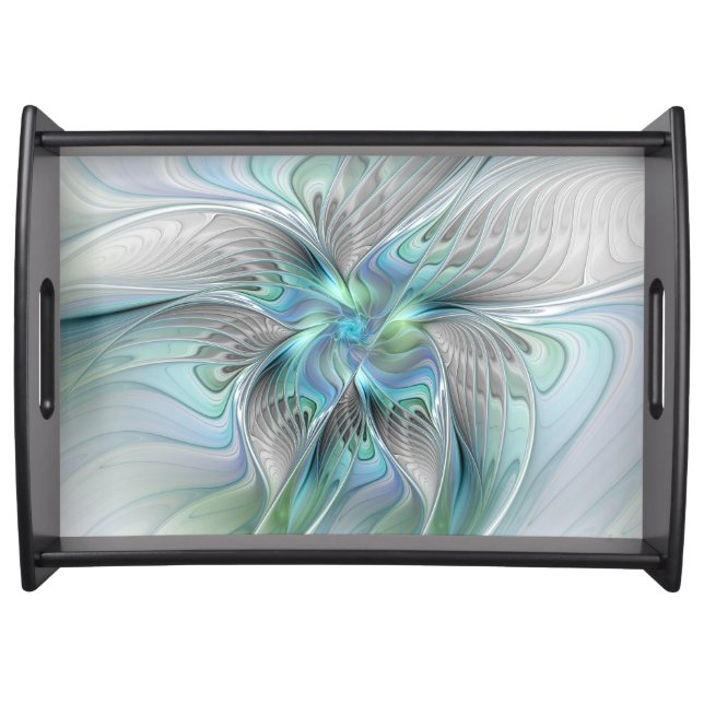 Abstract Blue Green Butterfly Fantasy Fractal Art Serving Tray (Front)