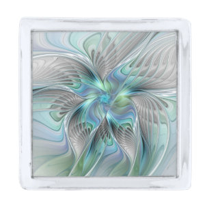 Abstract Blue Green Butterfly Fantasy Fractal Art Silver Finish Lapel Pin
