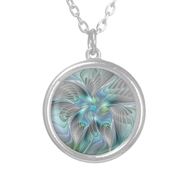 Abstract Blue Green Butterfly Fantasy Fractal Art  Silver Plated Necklace (Front)