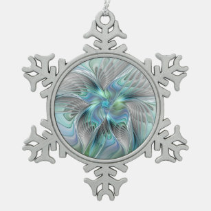 Abstract Blue Green Butterfly Fantasy Fractal Art Snowflake Pewter Christmas Ornament