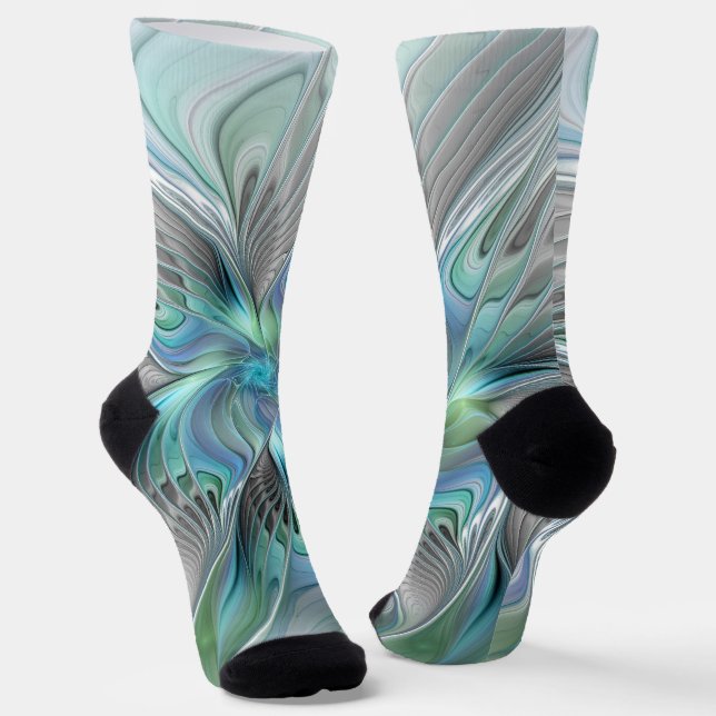 Abstract Blue Green Butterfly Fantasy Fractal Art Socks (Angled)