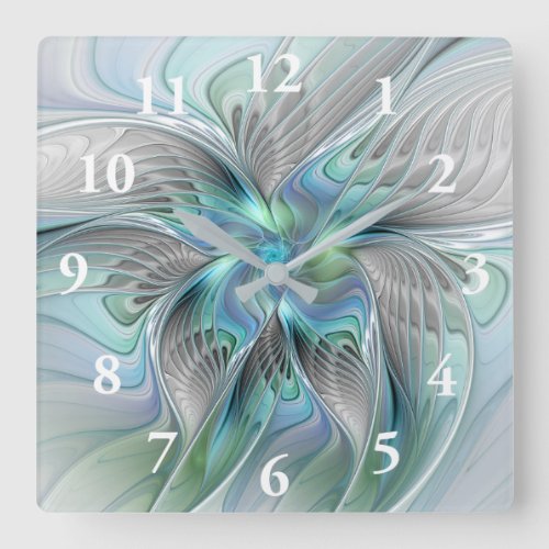 Abstract Blue Green Butterfly Fantasy Fractal Art Square Wall Clock