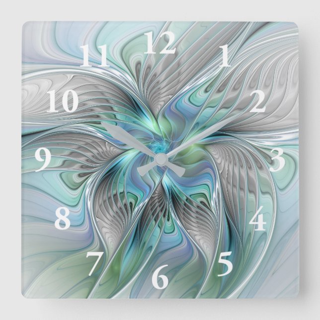 Abstract Blue Green Butterfly Fantasy Fractal Art Square Wall Clock (Front)