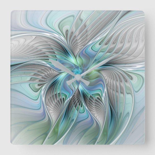 Abstract Blue Green Butterfly Fantasy Fractal Art Square Wall Clock (Front)
