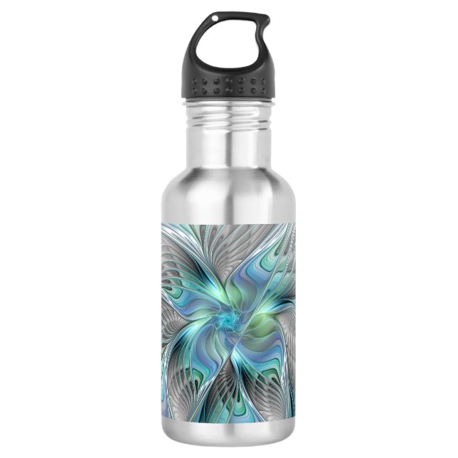 Abstract Blue Green Butterfly Fantasy Fractal Art Stainless Steel Water Bottle (Front)