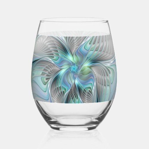 Abstract Blue Green Butterfly Fantasy Fractal Art Stemless Wine Glass