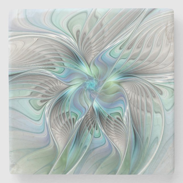Abstract Blue Green Butterfly Fantasy Fractal Art Stone Coaster (Front)